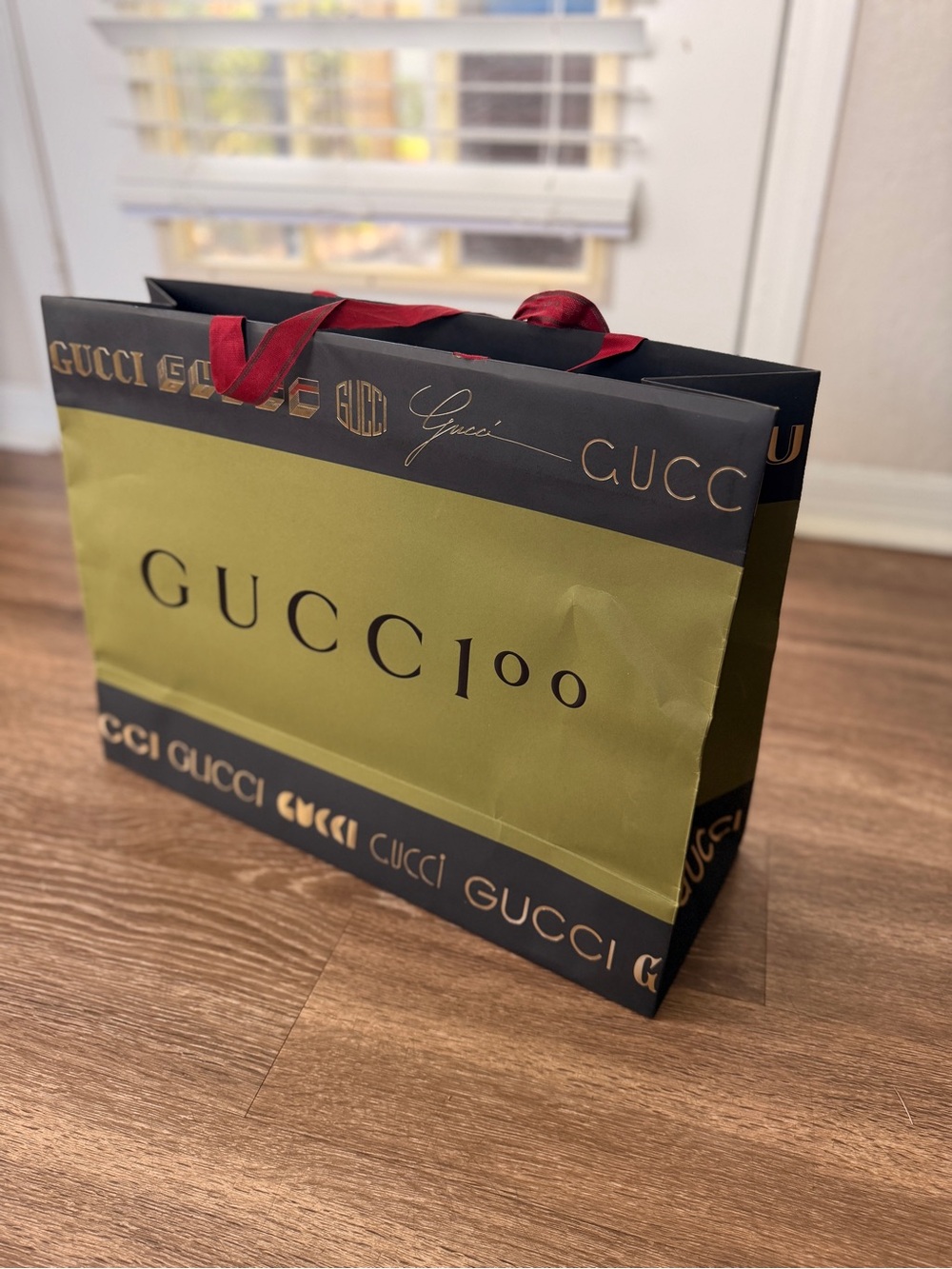 Gucci Olive Green and red inside Gift Bag with Red Ribbon